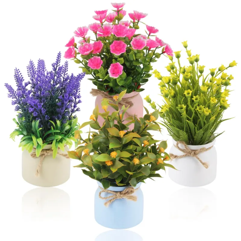 4 x Artificial Plants Small Artificial Flowers in Pot