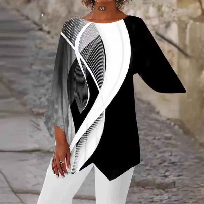Damen asymmetrisches Langarmshirt mit Grafikdruck und Fledermausärmeln – Avérine