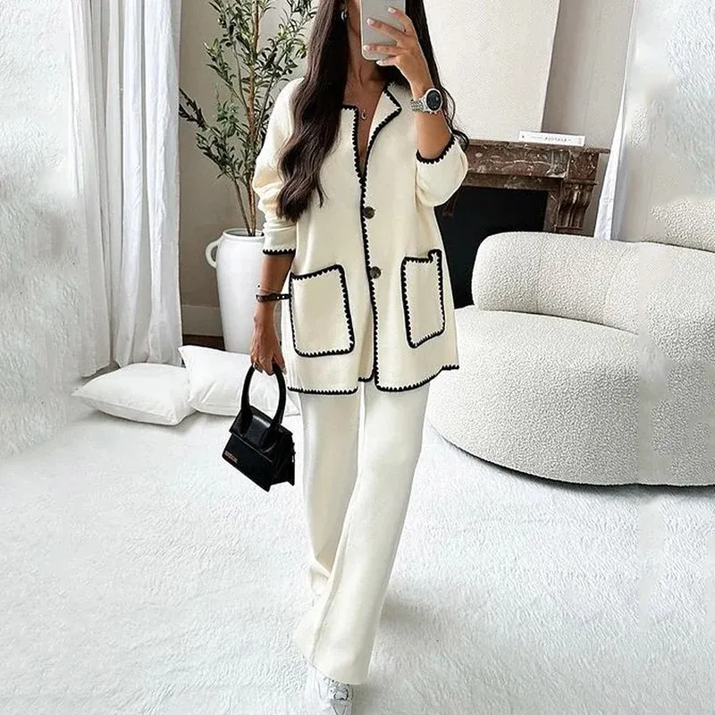 Damen Longline-Strickset mit kontrastbesetzter Strickjacke und weitem Palazzo-Hosen – Élanora